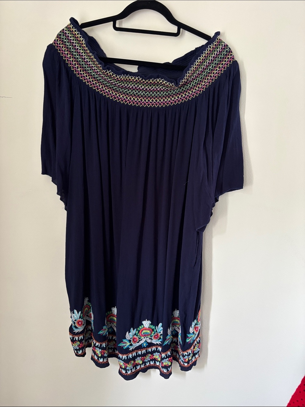 Swimsuits For All Navy Embroidered Off-Shoulder Women’s Swim Cover, sz 14/16